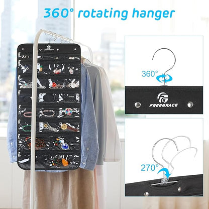 Freegrace Hanging Jewelry Organizer with Secure Zipper Closure - 360° Revolving Hanger, 25 Clear Pockets, 23 Necklace Hooks - Foldable Travel Storage & Closet Display (Black)