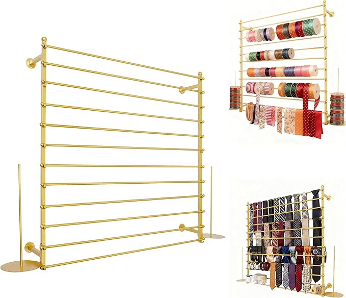 12 Layers 120cm Gold Wall Display Stand Wrapping Paper Ribbon Organizer Holder Storage Scarf Tie Belt Towel Spool Sewing Tool Hijab Metal Shelving for Home, Retail Stores, Flower Shop, Studio