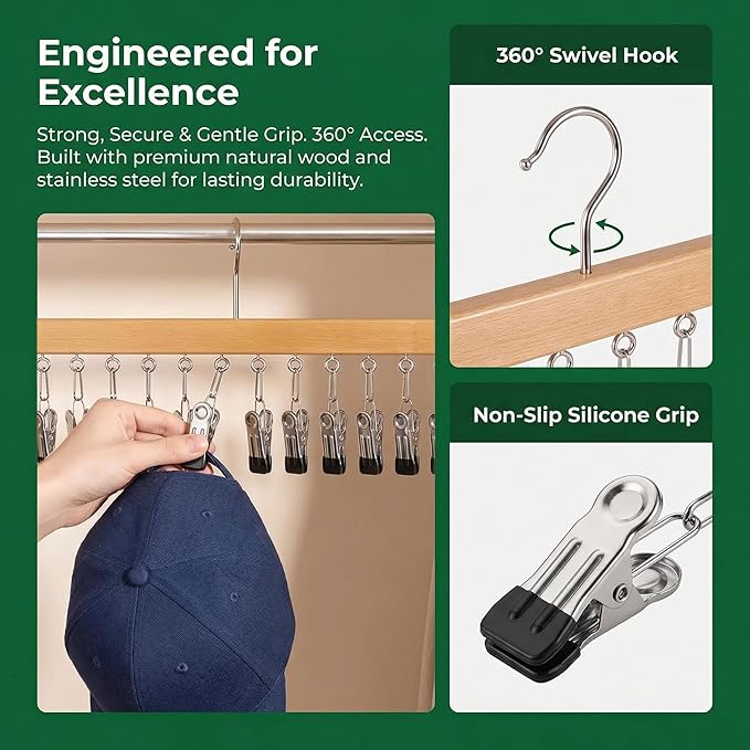 Closet Organizer with 12 Clips, 2 Pack Closet Space Savers for Hanging Clothes, Wooden Pants and Leggings Hangers with 360° Rotating Hook, Space-Saving Hat Scarf Clothespins, Walnut Wood Color