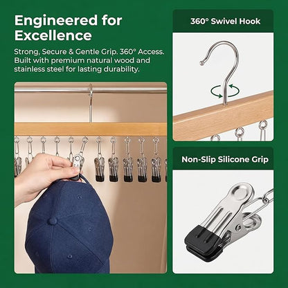 Closet Organizer with 12 Clips, 2 Pack Closet Space Savers for Hanging Clothes, Wooden Pants and Leggings Hangers with 360° Rotating Hook, Space-Saving Hat Scarf Clothespins, Walnut Wood Color