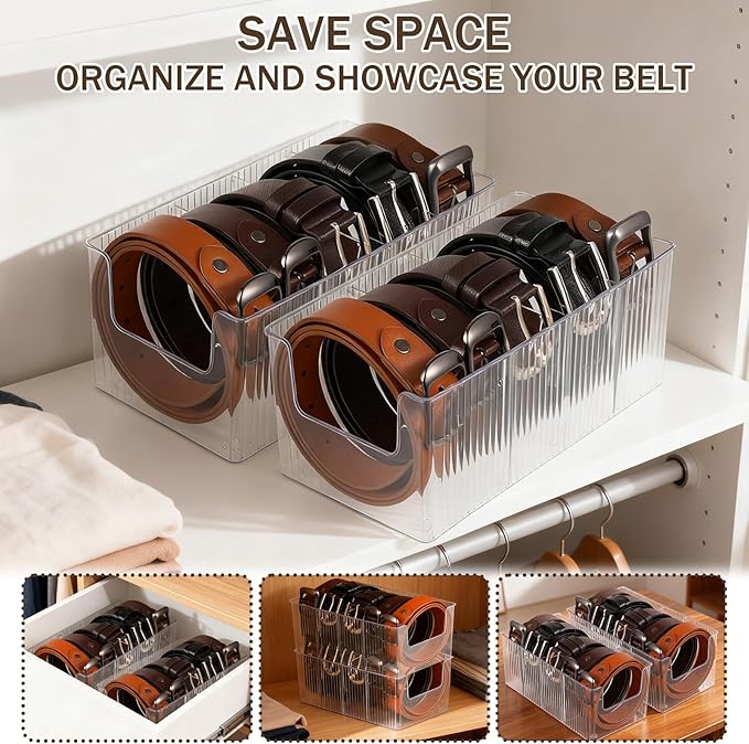 2-Pack Acrylic Belt Organizer for Closet & Drawer, Clear Belt Holder Display with 8 Detachable Compartments, Adjustable Storage Box for Belts, Ties, Bows, Wallets, and Jewelry