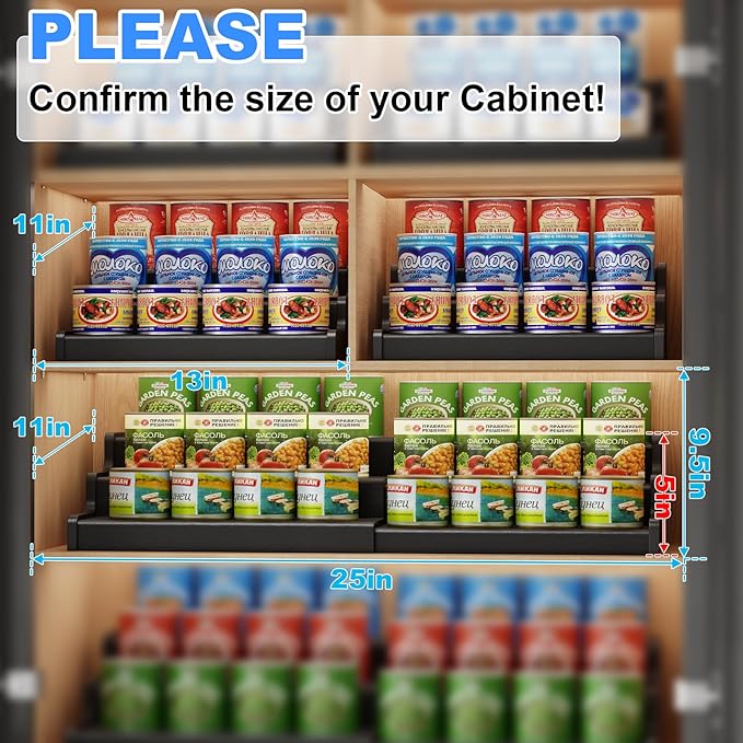 Expandable Bamboo Can Rack Organizer, 3-Tier Adjustable Pantry Storage, Can Holder for Kitchen & Pantry, Canned Food Soda Organizer, Holds Up to 24 Cans, Black (Patent Pending)