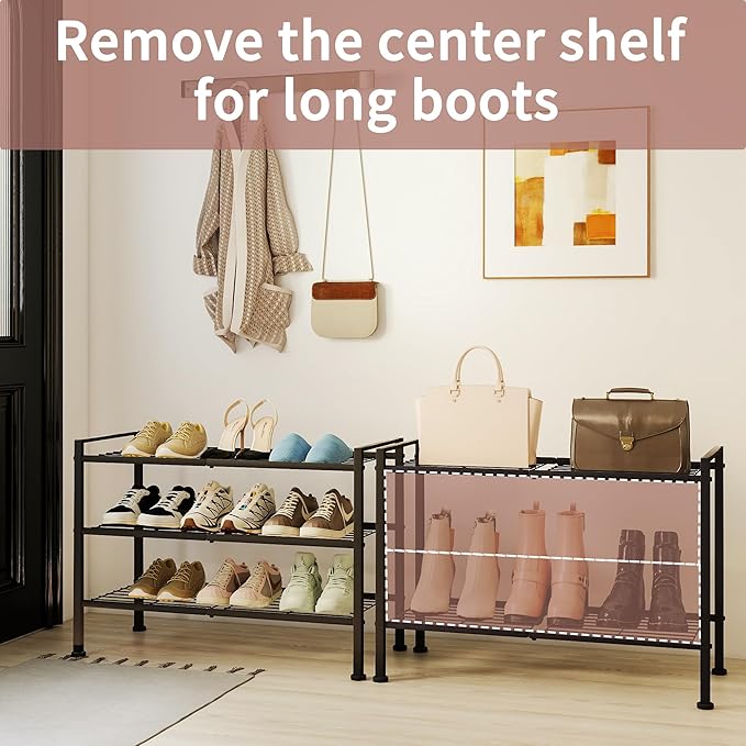 3-Tier Shoe Rack, 26.5" Wide Metal Storage Organizer for Closet Entryway,Holds up to 9 Pairs Shoes, Heavy-Duty Stand for Shoes, Books, or Plants (Black)