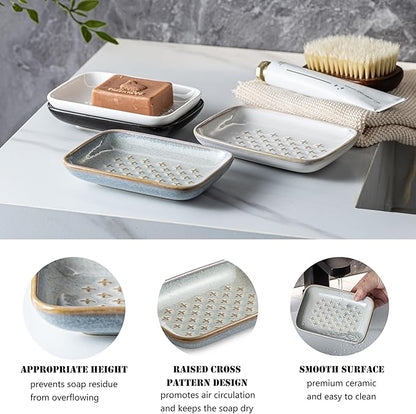 Premium Ceramic Soap Dish Holder - Large 5.5 Inch Soap Saver Tray with Non-Slip Base, Multi-Use for Bar Soap, Sponge, Butter & Jewelry - Elegant Gift for Bathroom, Kitchen, Shower Countertop - Gray