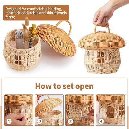 Handmade Wicker Rattan Mushroom-Shaped Storage Basket for Outdoor, Kids, Decor, Photography Props (Set of 3)