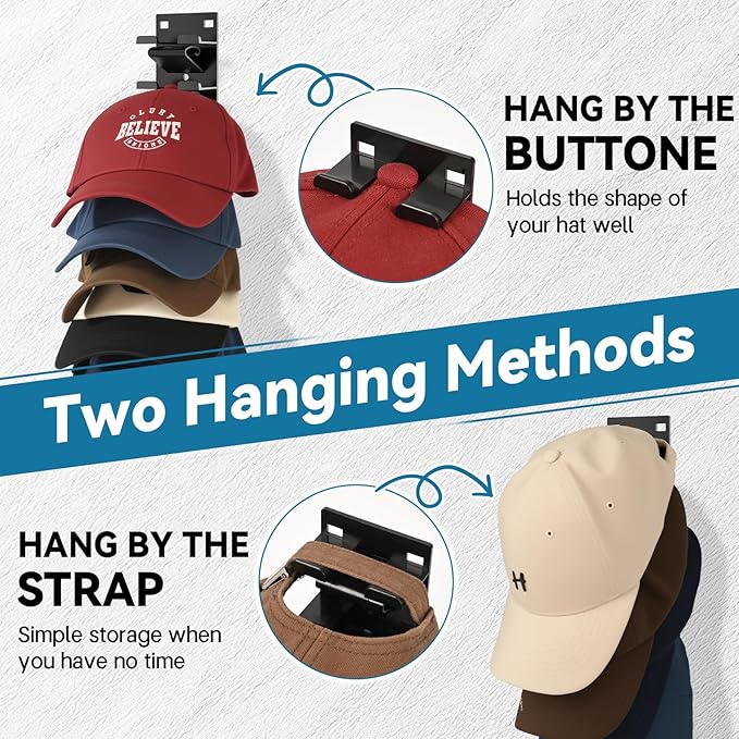 4 Pack Hat Organizer for Baseball Caps, Hat Organizer for Wall Hold up to 36 Hats, Wall-Mounted Hat Display Stand, Hat Rack, Baseball Hat Organizer, Black
