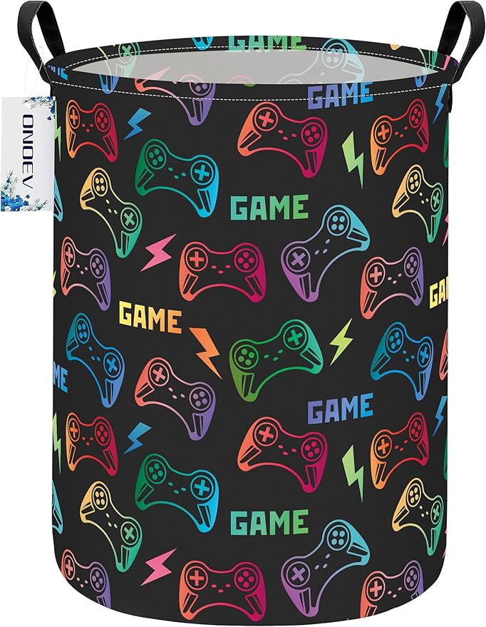 Round Game Controller Laundry Basket,Collapsible Laundry Hamper for Kids Boys,Waterproof Video Game Toy Storage Bin for Bedroom,Playroom, Boys Room,Gamer Gift (GAME)