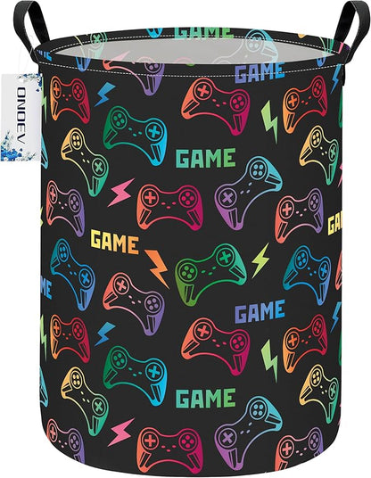 Round Game Controller Laundry Basket,Collapsible Laundry Hamper for Kids Boys,Waterproof Video Game Toy Storage Bin for Bedroom,Playroom, Boys Room,Gamer Gift (GAME)