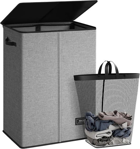SOLEDI Laundry Hamper with Lid 130L Large & Tall Collapsible Laundry Basket, Clothes Hamper with Bag Removable Easy to Carry, Dirty Hampers for Bedroom, Bathroom, Dorm, College, Grey