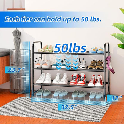 Standard Shoe Rack 3-Tier 32.5 Inches Wide,Shoe Organizer for Indoor Outdoor | Adjustable Metal Mesh Shelf Ideal for Home Entryway Closet & Garage Balcony | Black