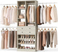 Besiost Closet System, 4.2–8.8 FT Closet Organizer with 2 Wooden Drawers and Shelves, Walk-in Closet System with 5 Hang Rods, Built-in Reach in Closet Tower, Can Fit 60 to 96 inch, Greige Oak