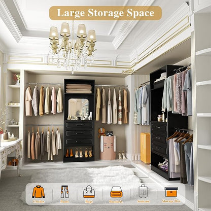 Unikito 8FT Closet System with Mirror, 96 Inch Walk in Closet Organizer Kit with Drawers and 3 Extendable Hanging Rods, Sturdy Wood Clothing Garment Rack with 25” Tower, Max Load 1000 LBS, Black