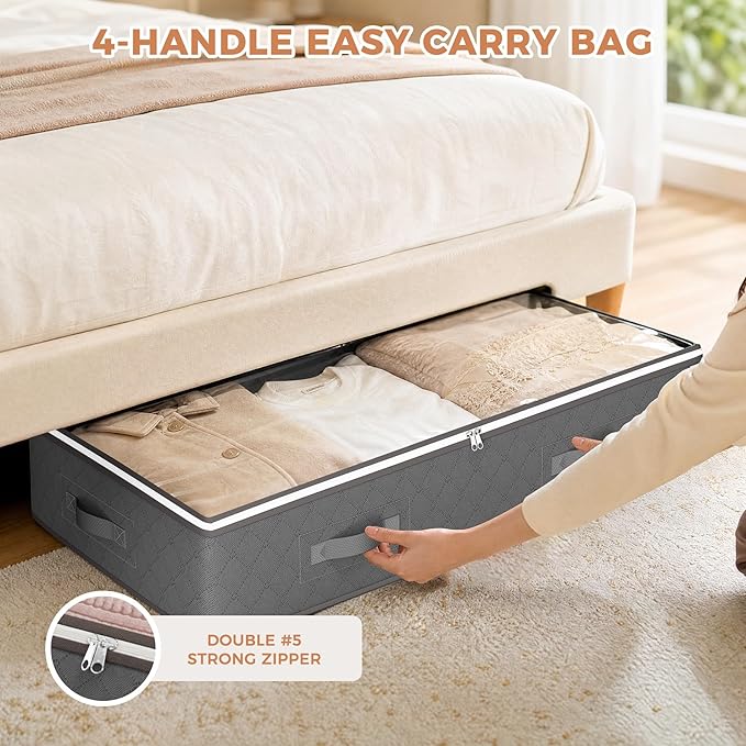 Budding Joy 60L Under Bed Storage Containers, Storage Bins with Clear Lids, Foldable Closet Organizers for Clothes, Blankets, Shoes, Bed Sheets, Comforter, Wrapping Paper, Home Dorm Storage