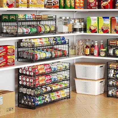2-Pack Stackable Can Organizer for Pantry Shelf, Adjustable Extra-Long Rolling Can Rack for Kitchen Cupboard Storage, Sturdy Standing Can Holder for Canned Food Goods Soda up to 128, 2 Tier, Black
