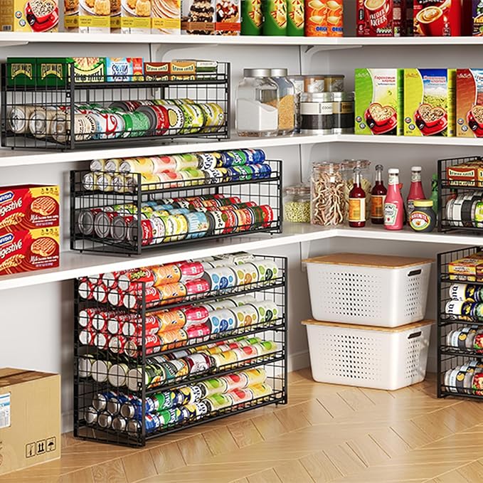 Sbanmao Extra-Long 2-Tier Stackable Can Organizer for Pantry, Sturdy Can Holder for Canned Soup Food Goods Storage up to 64 Cans, Black