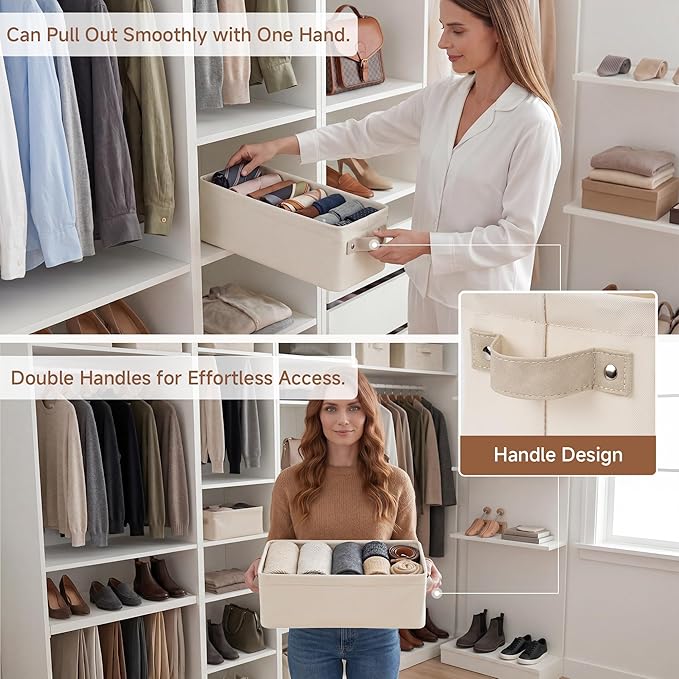 StorageWorks Narrow Storage Bins, Small Basket for Closet and Shelves, Fabric Closet Organizer Storage Bins with Handles, Toilet Paper Storage Baskets, Beige, Cool Cotton, 2-Pack