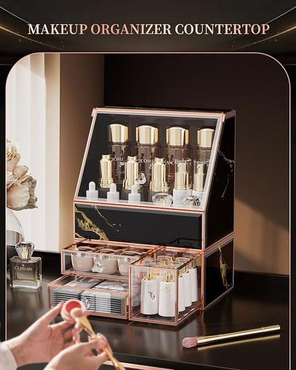CoralHouse Makeup Organizer for Vanity, Black Makeup Organizer with Drawer, Skincare Holder for Bathroom Countertop,Cosmetic Display Case for Dresser