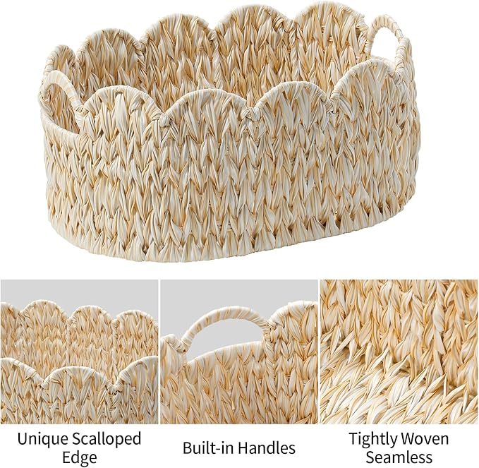 Coeusy Wicker Scalloped Basket Set of 2,Woven Storage Baskets for Shelves,Closet,Laundry,Gifts,Towels,Books,Toys,Waterproof Boho Decor Basket for Organizing