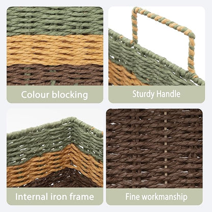 Handmade Rectangle Woven Paper Rope Storage Basket with Iron Frame,Basket with handles for Home Decor, Shelf & Desktop Organizing (Mix green yellow brown)