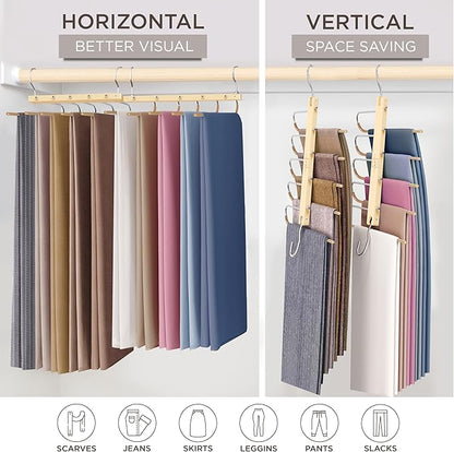 MORALVE Pants Hangers Space Saving - 4 Pack European Beechwood Scarf and Jean Hangers - Closet Organizer and Space Saver Pant Rack, Leggings Hanger, and Scarf Holder with 360° Swivel Hook