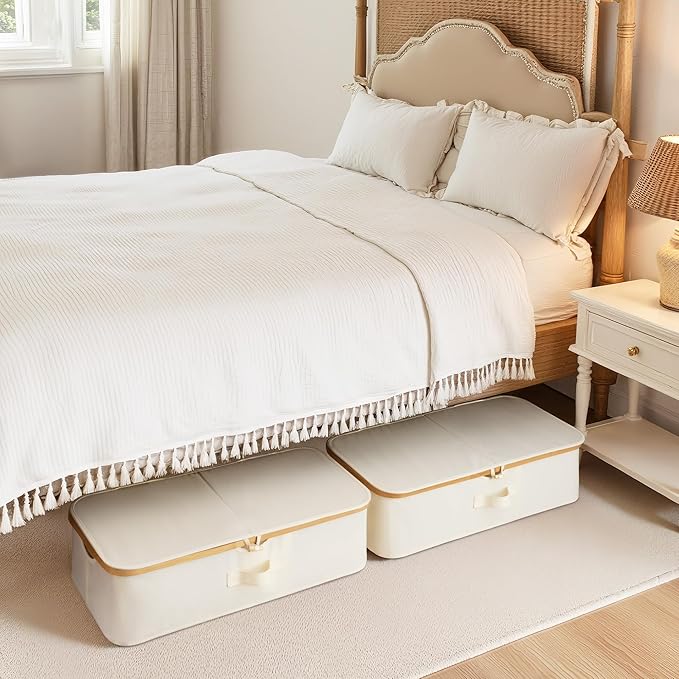 StorageWorks Underbed Storage Containers with Lids, 2-Pack 7" Low Profile Under Bed Storage Box with Bamboo Frame for Clothes, Bedding, Blankets and Shoes, 42L Sturdy Fabric Organizer, Beige