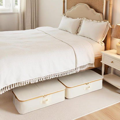 StorageWorks Underbed Storage Containers with Lids, 2-Pack 7" Low Profile Under Bed Storage Box with Bamboo Frame for Clothes, Bedding, Blankets and Shoes, 42L Sturdy Fabric Organizer, Beige
