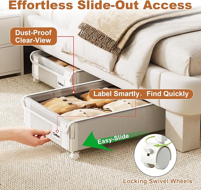 2Pack Under Bed Storage with Wheels,5.2"-6.5" Adjustable Height Underbed Storage,Low Profile Under Bed shoe Storage,Rolling Under Bed Clothes Storage,Shallow Under Bed Drawers for Blankets,Toys