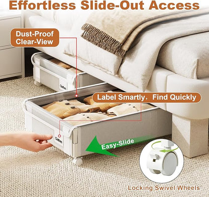 2Pack Under Bed Storage with Wheels,5.2"-6.5" Adjustable Height Underbed Storage,Low Profile Under Bed shoe Storage,Rolling Under Bed Clothes Storage,Shallow Under Bed Drawers for Blankets,Toys