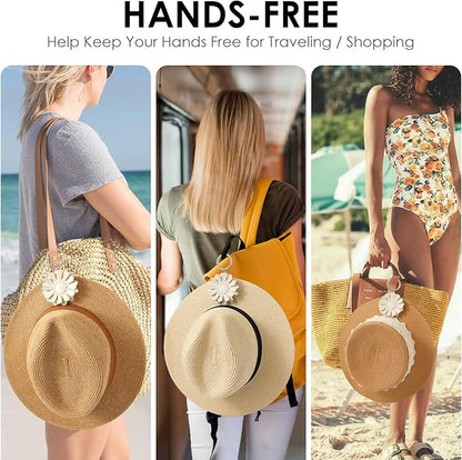 2 Pack Leather Hat Clip for Travel On Bag, Travel Hat Holder for Handbag Backpacks Luggage, Outdoor Travel Accessories Hat Bag Clip (White)