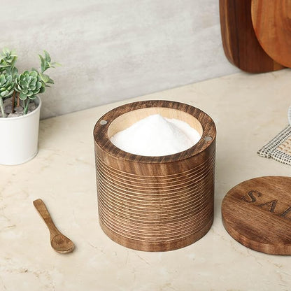 dudki Wooden Salt Box (5 inch x 5 inch) with Magnetic Lid With Wooden Spoon| 800 ML Round Container| Bowl Pot Jar | Textured Salt Box| Kitchen Home| Seasonings