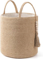 Mkono Woven Storage Basket Decorative Natural Rope Basket Wooden Bead Decoration for Blankets,Toys,Clothes,Shoes,Plant Organizer Bin with Handles Living Room Home Decor (Brown, 28 x 28cm)