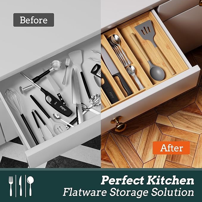 Silverware Organizer Large, Magnetic Connected Expandable 11 Slots Silverware Drawer Organizer From 21 to 37.4 Inches, Adjustable Flatware and Cutlery Holder, Bamboo Utensil Tray for Kitchen Natural