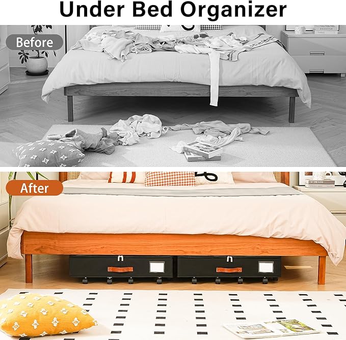 Freebat Under Bed Storage Organizer with Wheels, Underbed Container with Clear Lid Cover, Storage Bag Box with Visiable Window for Clothes, Bedsheet, Pillow, 2 Pack，5.5 inches