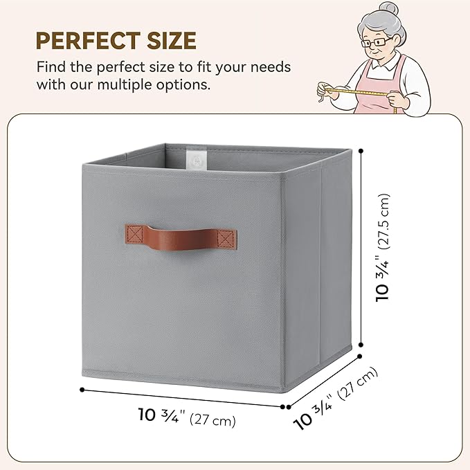 GRANNY SAYS 11 Inch Cube Storage Bins, 6 Pack Foldable Cube Storage Organizer, Fabric Storage Bins with PU Handle, Clothing Storage Baskets for Shelves, Closet, Grey, 6-Pack