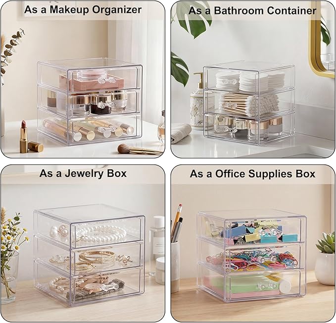 ELLDOO Rollerball Perfume Organizer with 3 Drawer, Clear Acrylic Perfume Storage Holder Beauty Scent Holder, Makeup Lipgloss Lipstick Display Case Office Supplies Box