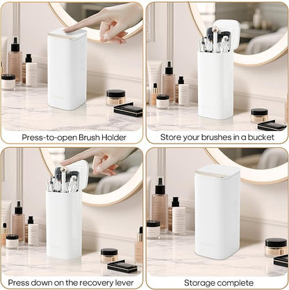 Osuke Makeup Brush Holder with Lid Cosmetic Tools Organizer,One Touch Open 4 Slot Makeup Brush Case with Waterproof Dustproof, Cosmetic Storage for Dresser Vanity and Bathroom Countertop