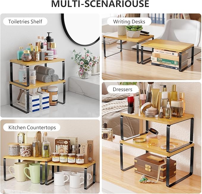 Simple Trending Bamboo Cabinet Organizer Shelf, Set of 2 Kitchen Counter Shelves, Stackable Expandable Spice Rack Kitchen Storage, Black and Natural Beige