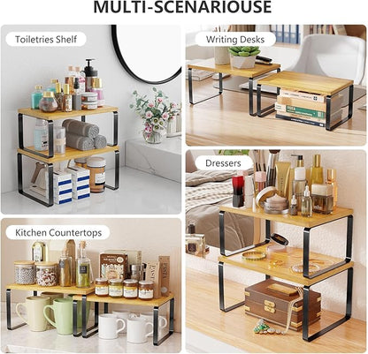 Simple Trending Bamboo Cabinet Organizer Shelf, Set of 2 Kitchen Counter Shelves, Stackable Expandable Spice Rack Kitchen Storage, Black and Natural Beige
