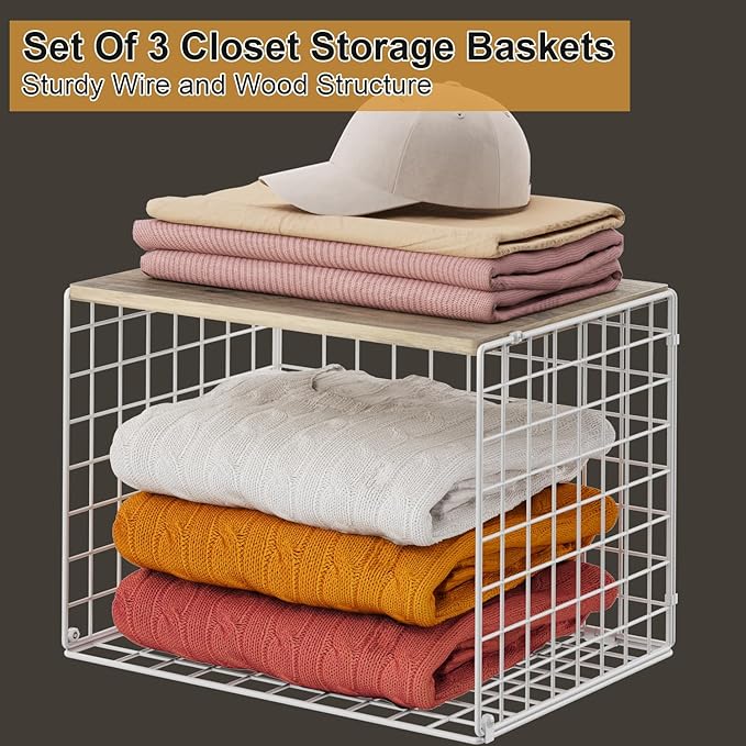 Closet Organizers And Storage Shelf, 3Pack Stackable Closet Storage Bin Basket For Clothes Sweaters With Top Board, Widened Opening, Heightened Height, Large Capacity Sturdy Clothing Storage Organizer