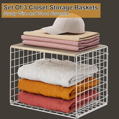 Closet Organizers And Storage Shelf, 3Pack Stackable Closet Storage Bin Basket For Clothes Sweaters With Top Board, Widened Opening, Heightened Height, Large Capacity Sturdy Clothing Storage Organizer