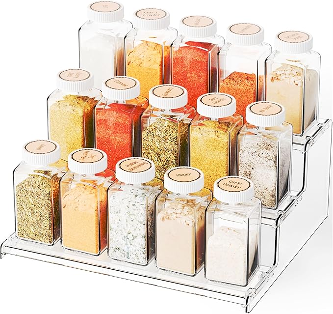 Yieach 3 Tier Spice Shelf Organizer for Cabinet,Pantry,Clear Acrylic Spice Rack Organizer and Tiered Spice Rack & Holder,Step Shelves for Vitamin,Medicine Bottle,Jar,Can,Condiment,Seasoning Shelf