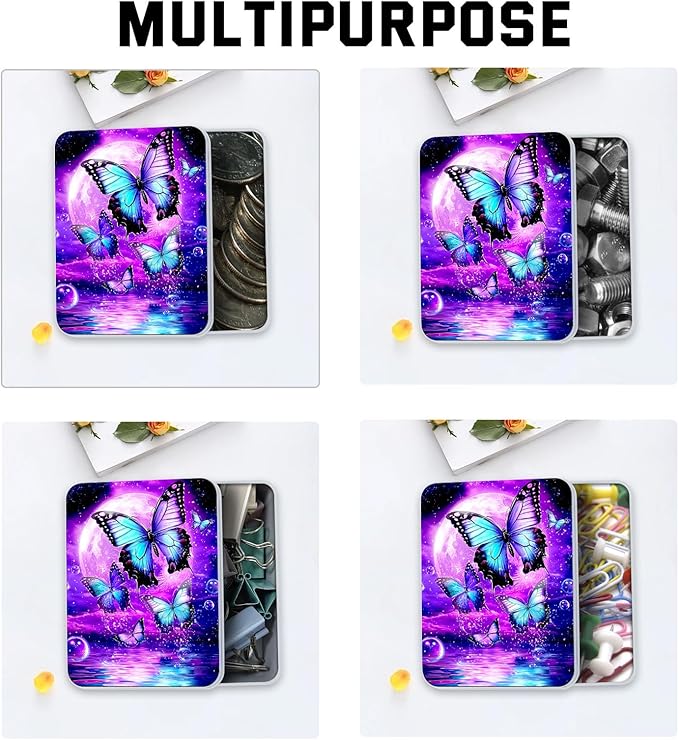 Metal Tin Box with Lid for Game Cards Home Organizer Candles Keys Crafts Storage - Equipped with 4 Magnetic Cord Clips，Purple Moon Blue Butterfly