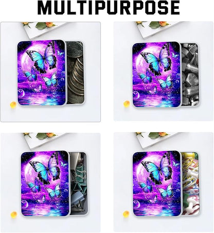 Metal Tin Box with Lid for Game Cards Home Organizer Candles Keys Crafts Storage - Equipped with 4 Magnetic Cord Clips，Purple Moon Blue Butterfly