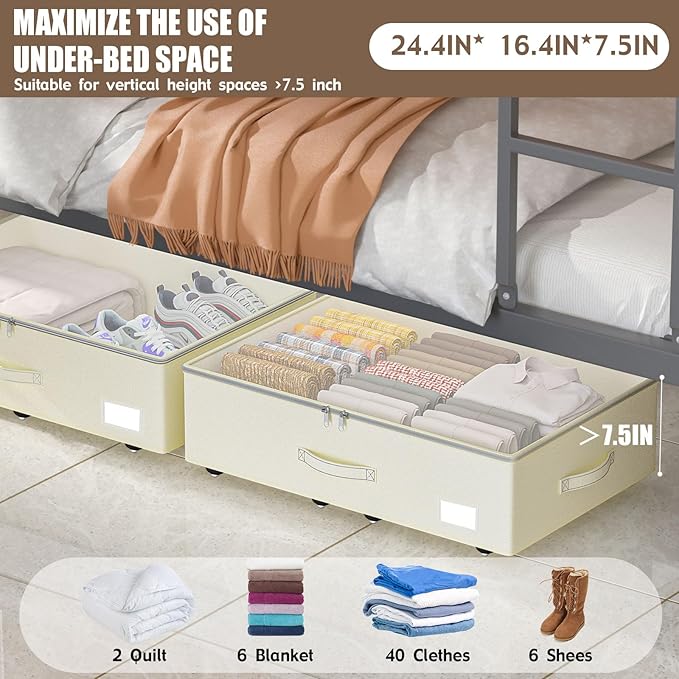 EE-RoomWorld Under Bed Storage with Wheels, No Assemble Required 7.5 inches height Under Bed Storage bins,Large capacity Rolling Underbed Shoe Storage containers，dorm underbed storage drawers