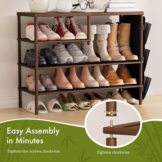 Bamboo Shoe Rack, 4 Tiers Shoe Organizer for Closet, Shoes Storage for 20-24 Pairs, Freestanding Shoe Shelf with Removable Pocket for Entryway Bedroom Front Door Dorm, Walnut Brown