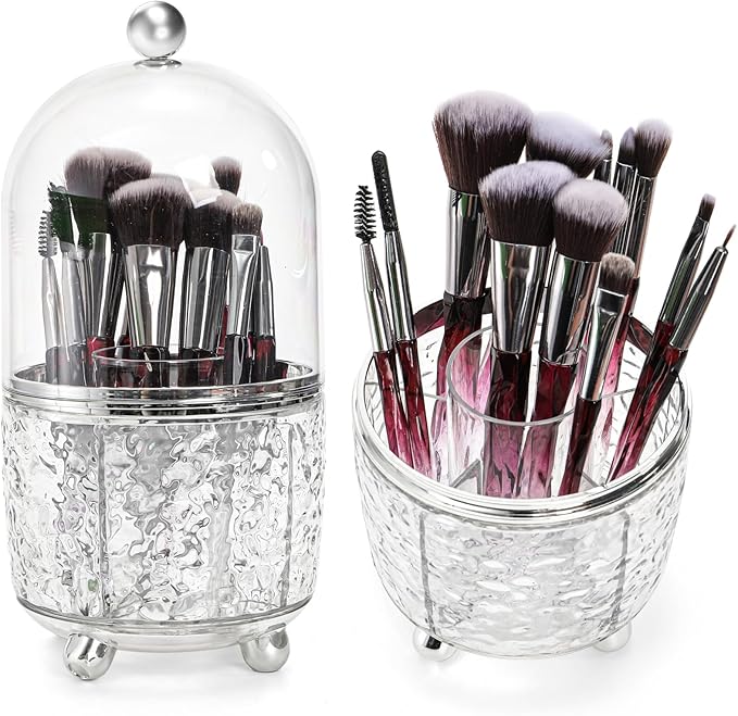 Eorbow Rotating Makeup Brush Holder, Dustproof Cosmetic Tools Organizer with Lid, 360° Spinning Covered Brushes Storage with Anti-slip Pads for Vanity, Bathroom Countertop & Bedside Table, Clear