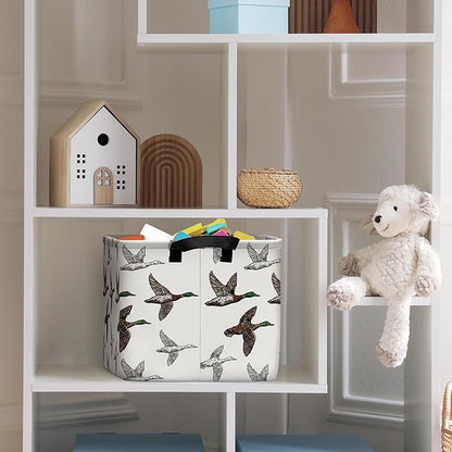 Mallard Duck Storage Basket, Collapsible Waterproof Canvas Organizer Bin, Funny Rectangular Kids Toys Storage Box Cute Mallard Duck Decor, Shelf Baskets for Closet Bedroom Office Dorm (Brown)