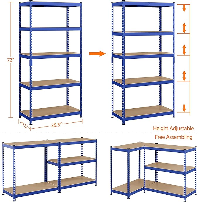 Topeakmart 2PCS 5-Tier Utility Shelves, Metal Storage Shelves Garage Shelving Unit Adjustable Garage Storage Shelves Storage Racks Heavy Duty Shed Shelving- Blue, 35.5 x 17.5 x 72 Inch