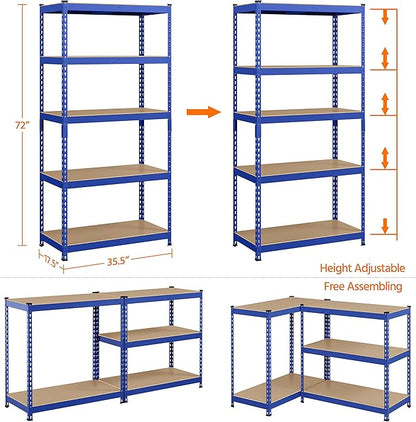 Topeakmart 2PCS 5-Tier Utility Shelves, Metal Storage Shelves Garage Shelving Unit Adjustable Garage Storage Shelves Storage Racks Heavy Duty Shed Shelving- Blue, 35.5 x 17.5 x 72 Inch
