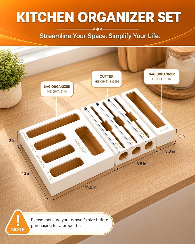 Bamboo Foil and Plastic Wrap Organizer for Kitchen Drawer, 2024 New 9 in 1 Plastic Bag Organizer Organization and Storage, Food Storage Bag Organizer with Labels for Quart Gallon Snack (White)